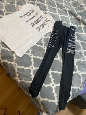 Victoria secret PINK bling rhinestone leggings shirts set SZ XS black white